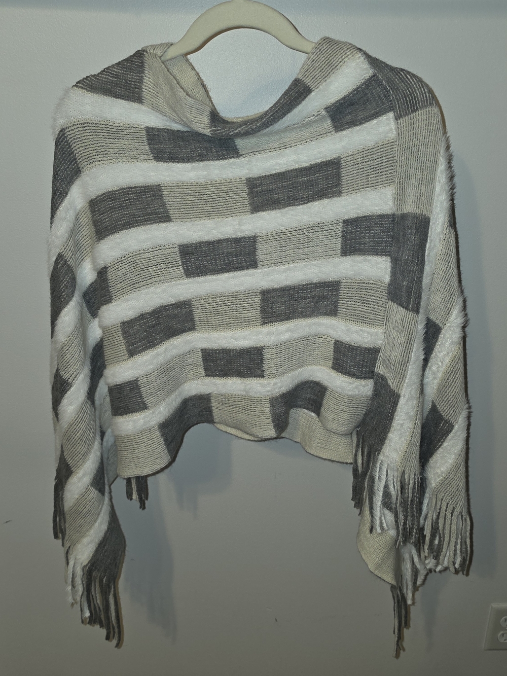 Striped Fringe Poncho Sweater - Gray & Cream